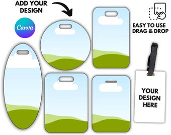 Puede incluir: Plantillas de Canva para etiquetas de equipaje en varias formas, incluyendo diseños ovalados, redondos y rectangulares. Cada etiqueta presenta un gráfico de cielo y paisaje, con el texto "ADD YOUR DESIGN" y "EASY TO USE DRAG & DROP". La hoja mide 21,59 cm x 27,94 cm.
