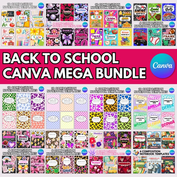 Bearbeitbare Komposition Notebook-Cover-Vorlagen: Zurück in der Schule Mega Bundle (Canva, sofortiger digitaler Download)