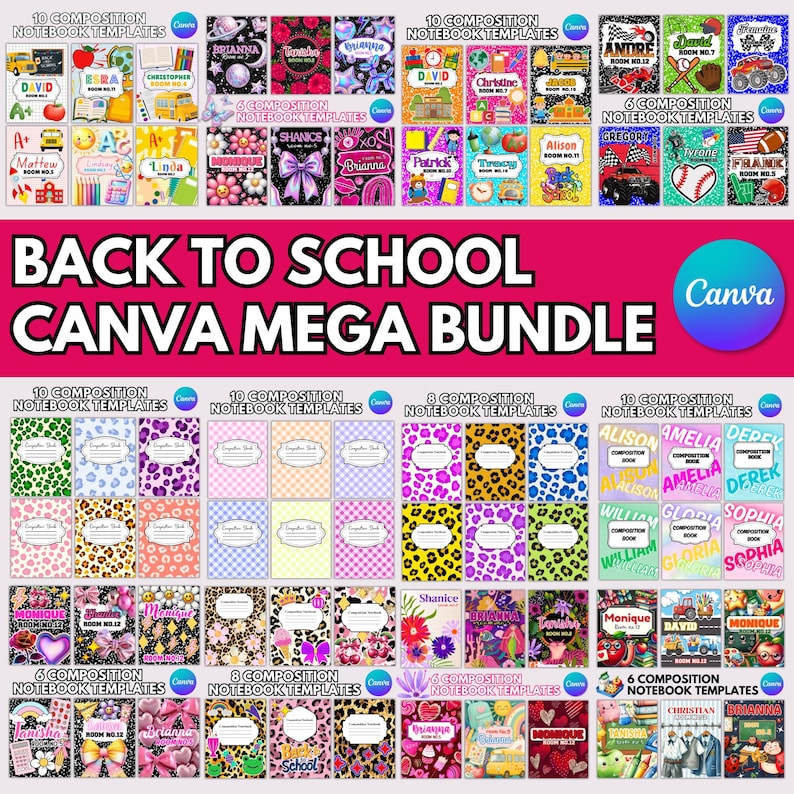 Peut inclure: Une image promotionnelle pour un 'Back to School Canva Mega Bundle' avec des mod&egrave;les de cahiers. L'image pr&eacute;sente des designs de cahiers color&eacute;s avec des noms, des motifs et des illustrations scolaires, parfait pour les &eacute;tudiants et les enseignants.