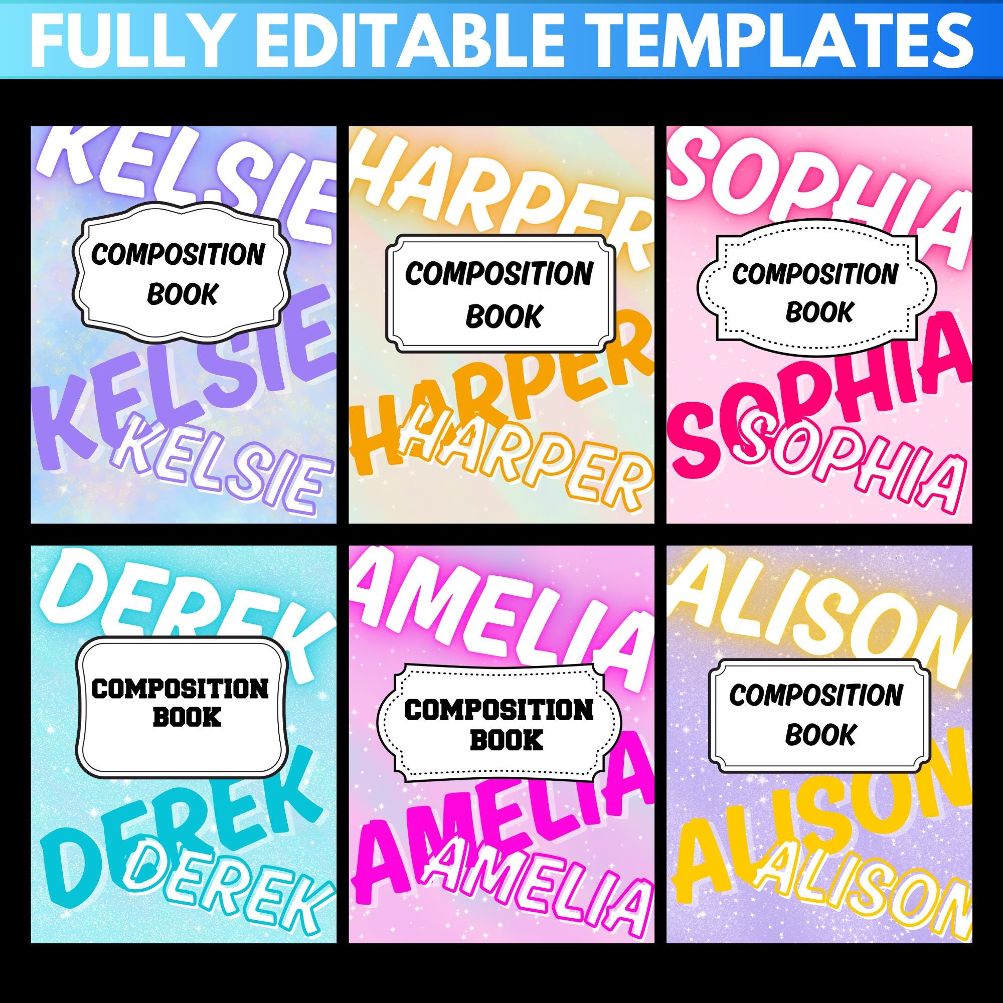 Editable Composition Notebook Cover Templates: Back to School Names ...