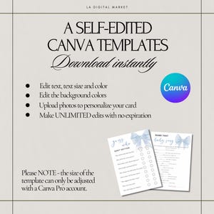 May include: A digital download of two printable baby shower game templates. The templates are designed in a blue and white color scheme with a watercolor-style bow. The first template is a "Guess Who" game with questions about the baby. The second template is a "Name That Baby Song" game. The text on the image reads "Download instantly" and "Canva".