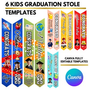 Plantilla de estola de graduación infantil 2025 (Canva), paquete de estola de graduación para niños de preescolar, diseño de graduación personalizado editable en Canva para niños de jardín de infantes.