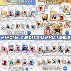 Puede incluir: Una colección de tazas conmemorativas blancas con varios diseños, incluyendo fotos, alas de ángel y texto como "In Loving Memory" y "Your Name". La imagen también muestra camisetas con diseños similares. El texto en la imagen dice "Memorial Cup Designs Mega Bundle."