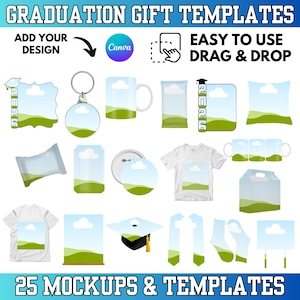 Op de afbeelding: Een promotieafbeelding met 25 sjablonen voor afstudeercadeaus. De sjablonen omvatten items zoals mokken, t-shirts, sleutelhangers en afstudeer stola's. De afbeelding bevat de tekst "GRADUATION GIFT TEMPLATES", "ADD YOUR DESIGN" en "EASY TO USE DRAG & DROP".