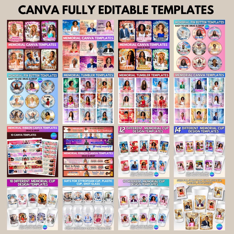 Puede incluir: Una colecci&oacute;n de plantillas de Canva para productos conmemorativos, incluyendo botones, vasos, tazas y cintas. Las plantillas presentan varios dise&ntilde;os con fotos y texto, con las palabras "Canva Fully Editable Templates" en la parte superior.