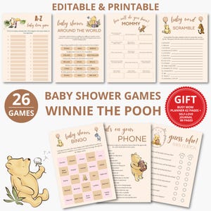Zestaw gier na baby shower Kubusia Puchatka, klasyczna karta do wydrukowania Bingo Kubusia Puchatka, szablon cyfrowej gry Kubusia Puchatka do wydrukowania