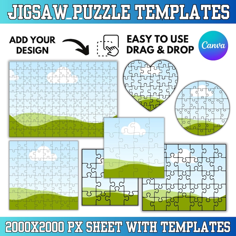 Puede incluir: Imagen de plantillas de rompecabezas en varias formas, incluyendo cuadrado, coraz&oacute;n y c&iacute;rculo. Cada rompecabezas presenta un dise&ntilde;o de paisaje con cielo azul y colinas verdes. El texto incluye "Add Your Design" y "Easy to Use Drag & Drop".
