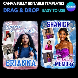Puede incluir: Un dise&ntilde;o de plantilla de Canva con dos dise&ntilde;os conmemorativos. El dise&ntilde;o de la izquierda dice "Forever in our hearts" con una foto de Brianna. El dise&ntilde;o de la derecha dice "In Loving Memory" con una foto de Shanice. El dise&ntilde;o incluye palomas y el texto "DRAG & DROP EASY TO USE".