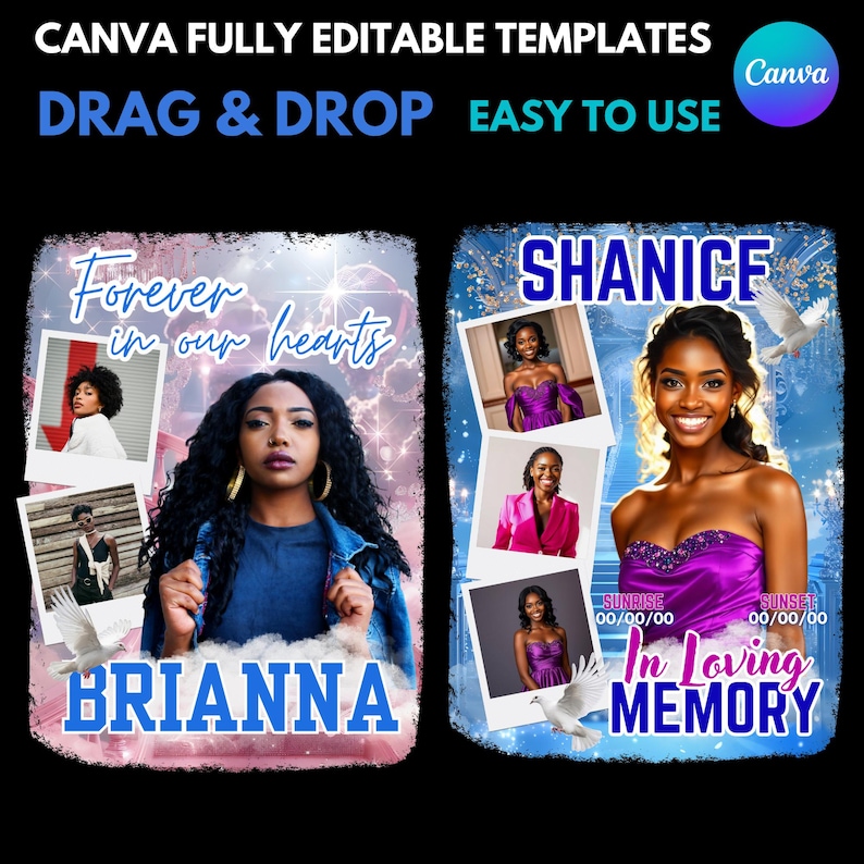 Puede incluir: Un dise&ntilde;o de plantilla de Canva con dos dise&ntilde;os conmemorativos. El dise&ntilde;o de la izquierda dice "Forever in our hearts" con una foto de Brianna. El dise&ntilde;o de la derecha dice "In Loving Memory" con una foto de Shanice. El dise&ntilde;o incluye palomas y el texto "DRAG & DROP EASY TO USE".