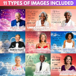 Puede incluir: Una colecci&oacute;n de 11 im&aacute;genes conmemorativas con retratos de personas y textos inspiradores. Cada imagen presenta el nombre de una persona, as&iacute; como las fechas de nacimiento y defunci&oacute;n. Los fondos var&iacute;an con temas celestiales y florales.