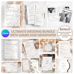 May include: A wedding invitation bundle with a minimalist design featuring delicate floral illustrations in shades of beige and brown. The bundle includes a welcome sign, save the date card, table number card, menu card, and other wedding stationery. The text "Ultimate Wedding Bundle with Games and Newspaper" is displayed in a banner at the top of the image.