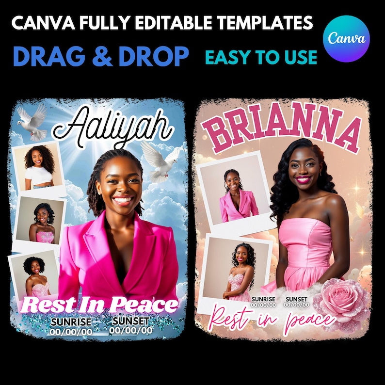 Puede incluir: Dise&ntilde;o de plantilla digital con los nombres "Aaliyah" y "Brianna" en un tema conmemorativo. El dise&ntilde;o incluye fotos, palomas y la frase "Descansa en paz". El logotipo de Canva y el texto "Arrastrar y soltar f&aacute;cil de usar" tambi&eacute;n son visibles.