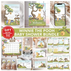 Winnie the Pooh Baby Shower Invitation Bundle: Games & Decorations, Diaper Raffle Cupcake Toppers Signs