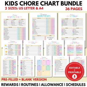 May include: A bundle of printable kids' chore charts with colorful designs. The charts include sections for responsibility, weekly to-dos, chore charts, daily checklists, screen time, allowance, consequences, behavior, daily routines, weekly plans, after school, and reward charts. The bundle includes 36 pages.