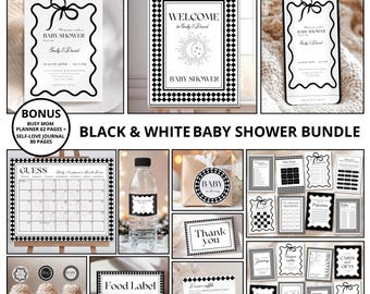Könnte beinhalten: Schwarz-weißes Babyparty-Druckpaket mit einem Willkommens-Schild, Einladungen, Wasserflaschenetiketten, Lebensmitteletiketten, Spielen und Dankeskarten. Das Design verfügt über ein schwarz-weißes Schachbrettmuster mit einem Mond- und Sternen-Motiv.