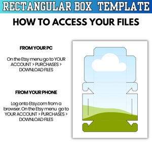 Puede incluir: Una plantilla de caja rectangular blanca con un dise&ntilde;o de cielo y hierba. La imagen incluye instrucciones sobre c&oacute;mo acceder a los archivos desde una PC y un tel&eacute;fono, detallando los pasos para descargar archivos de Etsy.