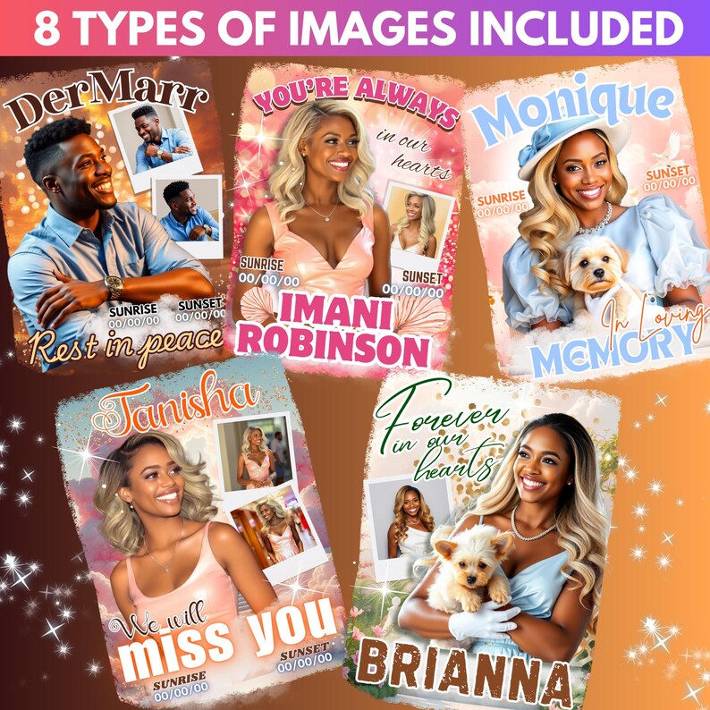 Puede incluir: Una colecci&oacute;n de ocho plantillas de im&aacute;genes conmemorativas con fotos de personas y mascotas. Cada plantilla incluye texto como "Descansa en paz", "En memoria cari&ntilde;osa" y nombres como DerMarr, Imani Robinson, Monique, Tanisha y Brianna.