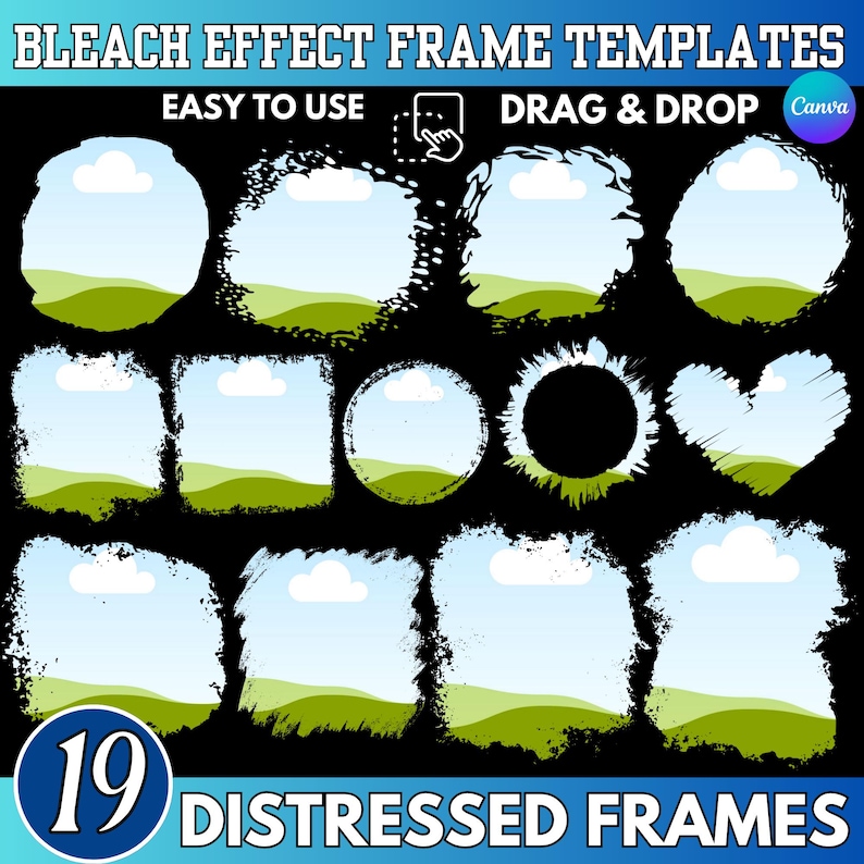 Pu&ograve; includere: Una collezione di 19 modelli di cornici distressed con effetto candeggina. Ogni cornice presenta un cielo blu, un paesaggio verde e un design a nuvola bianca. Il testo in alto recita "BLEACH EFFECT FRAME TEMPLATES" e "EASY TO USE DRAG & DROP".