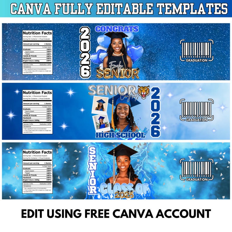 Blue Graduation Water Bottle Label Canva Template, Grad 2026 Editable ...