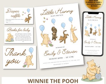 Pacchetto di inviti vintage per baby shower di Winnie the Pooh (stampabili e modificabili)