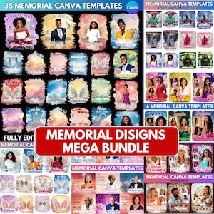 May include: A collection of memorial Canva templates, featuring various designs with photos, angel wings, and text like "In Loving Memory" and "Rest in Peace." The templates are for shirts and posters.