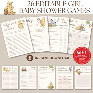 Winnie de Pooh Baby Shower Games-bundel, klassieke Winnie de Pooh-games, afdrukbare kaart Vintage Winnie Bear digitaal spelsjabloon bingo