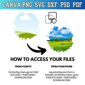 Peut inclure: Graphique avec les abr&eacute;viations des types de fichiers : CANVA PNG SVG DXF PSD PDF. Le texte "HOW TO ACCESS YOUR FILES" est affich&eacute;. Des instructions sont fournies pour acc&eacute;der aux fichiers depuis un PC et un t&eacute;l&eacute;phone.