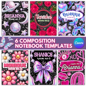 Editable Girl Composition Notebook Cover Templates: Composition Book Back to School Canva Designs