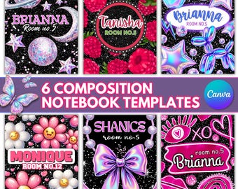 Editable Girl Composition Notebook Cover Templates: Composition Book Back to School Canva Designs