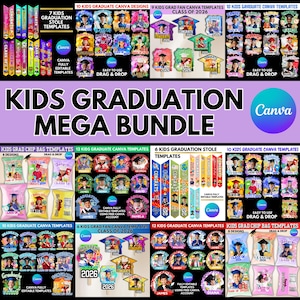Puede incluir: Un paquete de diseño digital para la graduación de niños, con plantillas para estolas, bolsas de patatas fritas y diseños de Canva. Incluye el texto "KIDS GRADUATION MEGA BUNDLE" y "CLASS OF 2026". Los diseños son totalmente editables y fáciles de usar.
