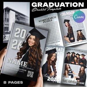 May include: A graduation booklet template with a light gray cover featuring the text "Class of 2026" and space for a name. Inside, pages display photos of graduates, a word search puzzle, and congratulatory messages. The booklet is 8 pages.