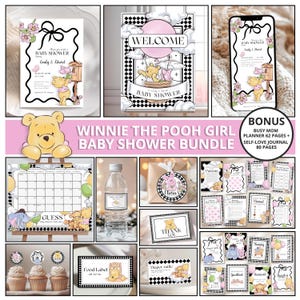 Winnie the Pooh Girl Baby Shower Bundle: Invitation, Games, Signs (CANVA Template)