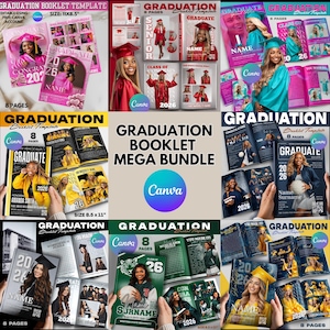 May include: A selection of graduation booklet templates in shades of pink, red, teal, yellow, and green. Each booklet displays images of graduates and the words "GRADUATION" and "2026". The templates are designed for use with Canva.