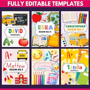 Peut inclure: Plusieurs mod&egrave;les scolaires enti&egrave;rement modifiables et color&eacute;s. Chaque mod&egrave;le pr&eacute;sente un nom, un num&eacute;ro de salle et des illustrations vari&eacute;es : pommes, bus scolaires, crayons et globe. Le texte "FULLY EDITABLE TEMPLATES" est affich&eacute; en haut.