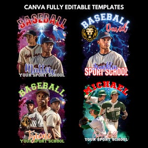May include: A black background features four baseball-themed designs. Each design includes a baseball player's image, the word "BASEBALL", and a school name. The top left design has the name "Matthew", and the top right design has the name "David". The bottom designs feature "Tyrone" and "Michael".