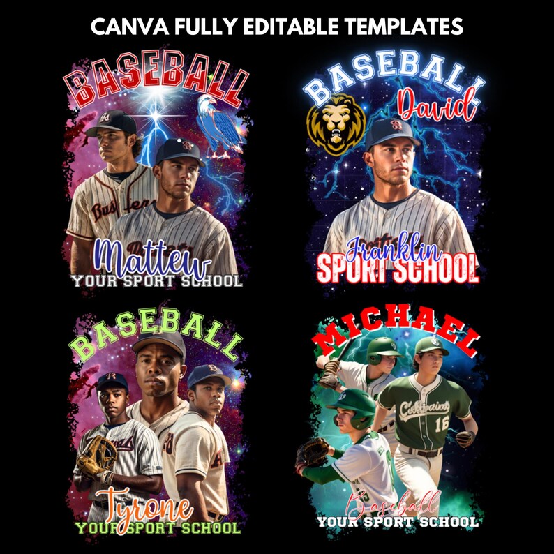 May include: A black background features four baseball-themed designs. Each design includes a baseball player's image, the word "BASEBALL", and a school name. The top left design has the name "Matthew", and the top right design has the name "David". The bottom designs feature "Tyrone" and "Michael".