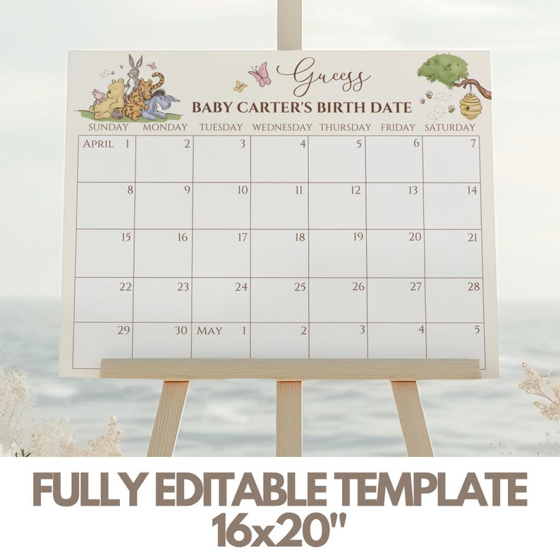Op de afbeelding: Een printbaar babyshower-spel met een Winnie de Poeh-thema. Het spel is een kalender met de tekst "Raad Baby Carter's geboortedatum" en een Winnie de Poeh-illustratie. De kalender is voor de maanden april en mei.