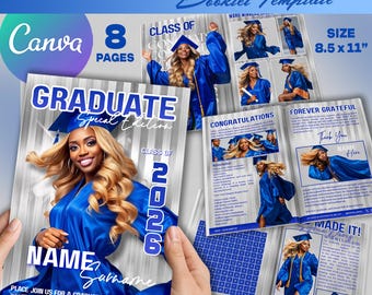 May include: A graduation booklet template in blue and white. The cover shows a graduate in a blue gown and cap. The booklet includes the text "GRADUATION Booklet Template", "Canva", "8 PAGES", "SIZE 21.59 x 27.94 cm", "GRADUATE Special Edition", "CLASS OF 2026", and "CONGRATULATIONS".