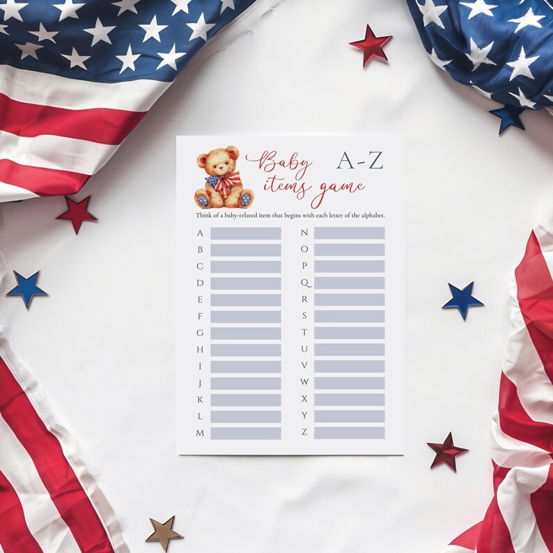 May include: A printable baby shower game with a red, white, and blue teddy bear illustration. The game is called "Baby A-Z Items Game" and asks players to think of a baby-related item that begins with each letter of the alphabet.