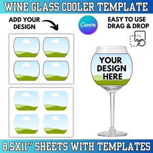 以下が含まれることがあります： 「WINE GLASS COOLER TEMPLATE」のテキストが入ったワイングラスクーラーのテンプレート。デザインには「YOUR DESIGN HERE」と複数のテンプレートが入ったワイングラスが含まれています。「ADD YOUR DESIGN」と「EASY TO USE DRAG & DROP」のテキストも表示されています。シートのサイズは21.59cm x 27.94cmです。