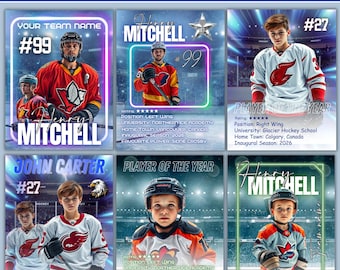 May include: Hockey trading card templates showcasing hockey players. Each card displays player details, numbers, and team data. The cards have a dynamic design with bright colours and a professional layout, ideal for sports memorabilia.