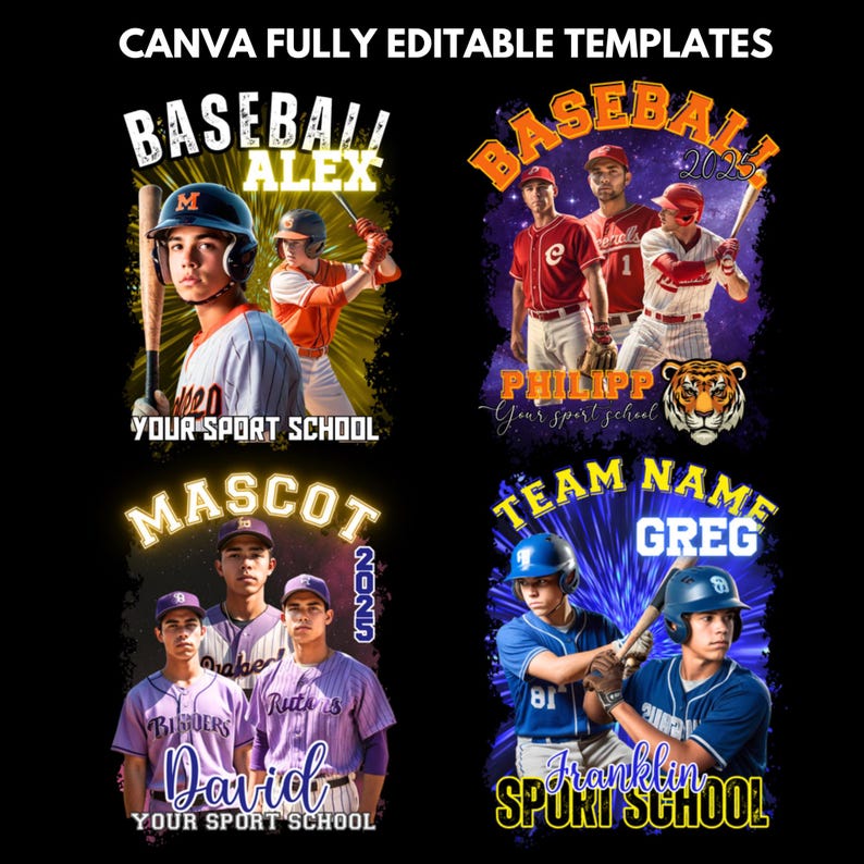 May include: Four baseball-themed templates with player images and team names. Each design features a player or team with text like "Baseball Alex", "Philipp", "Mascot David", and "Team Name Greg". The templates include the text "Your Sport School".