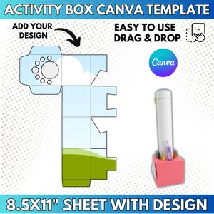 May include: An activity box Canva template on an 8.5x11 inch sheet with a blue sky and green grass design. The layout includes a drag and drop feature, a circular cutout pattern, and a pink box example holding a white tube and colored crayons.