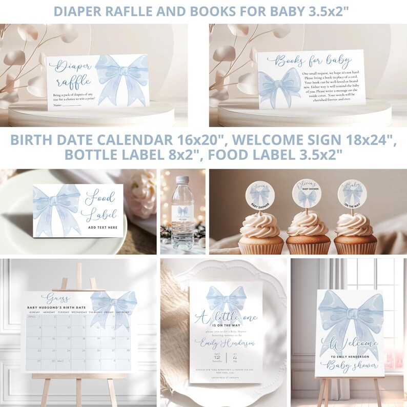 May include: Blue and white baby shower printable set with a watercolor bow design. Includes a diaper raffle sign, a book for baby sign, a welcome sign, a food label, a bottle label, a birth date calendar, and a baby shower invitation.