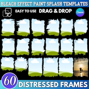 May include: A digital art template featuring 60 distressed frames with a bleach effect. Each frame has a blue sky and green landscape background. The text reads "EASY TO USE DRAG & DROP" and "60 DISTRESSED FRAMES".