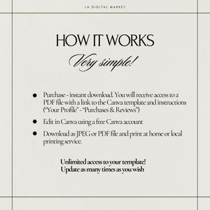 May include: A white background with black text explaining how to use a digital product. The text says "How it works" and "Very simple!" followed by three bullet points: "Purchase - instant download. You will receive access to a PDF file with a link to the Canva template and instructions ("Your Profile" - "Purchases & Reviews")", "Edit in Canva using a free Canva account", and "Download as JPEG or PDF file and print at home or local printing service." The text also says "Unlimited access to your template! Update as many times as you wish."