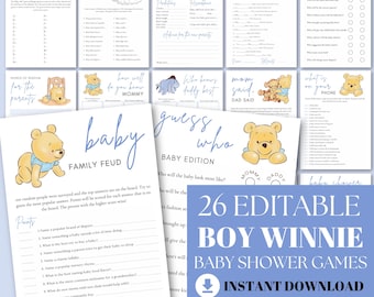Winnie the Pooh Baby Shower Games Bundle: It's A Boy Classic Winnie Printable Game Templates