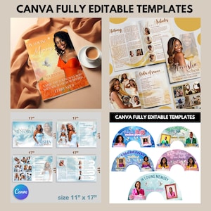 Puede incluir: Una colecci&oacute;n de plantillas de Canva totalmente editables para servicios conmemorativos. Las plantillas incluyen folletos, tarjetas conmemorativas y otros dise&ntilde;os. Las plantillas miden 28 cm x 43 cm y 43 cm x 28 cm. Los dise&ntilde;os presentan fotos y texto.