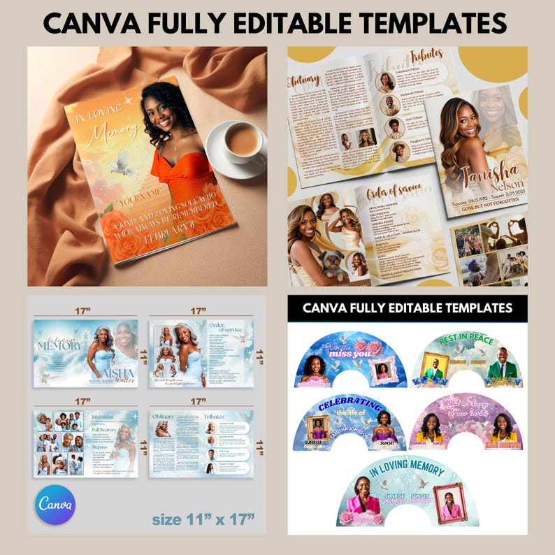 Puede incluir: Una colecci&oacute;n de plantillas de Canva totalmente editables para servicios conmemorativos. Las plantillas incluyen folletos, tarjetas conmemorativas y otros dise&ntilde;os. Las plantillas miden 28 cm x 43 cm y 43 cm x 28 cm. Los dise&ntilde;os presentan fotos y texto.