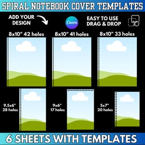 Puede incluir: Plantillas de portadas de cuadernos espirales con seis diseños diferentes. Cada plantilla presenta un paisaje con cielo azul, nube blanca y colinas verdes. Los tamaños incluyen 20,3x25,4 cm, 24,1x15,2 cm y 12,7x17,8 cm. El texto dice "Add Your Design" y "Easy to Use Drag & Drop."